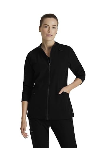 BARCO One Venture Scrub Jacke für Damen, Reißverschluss vorne, 4 Taschen, 4-Wege-Stretch, medizinische Aufwärmjacke für Damen, Schwarz, X-Large