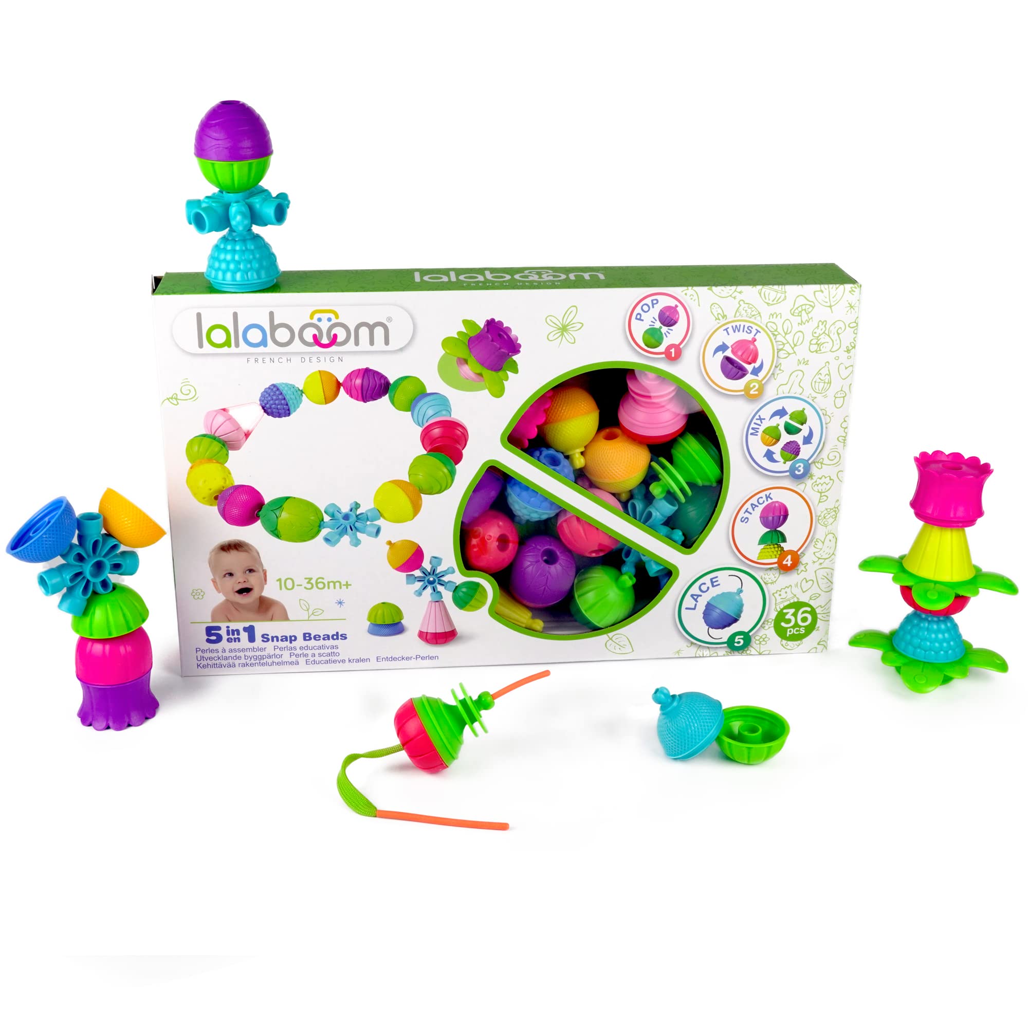 Lalaboom - Preschool Educational Beads - Montessori Shapes and Colors Construction Game and Learning Toy for Babies and Children from 10 Months to 4 Years Old - BL300, 36 Pieces
