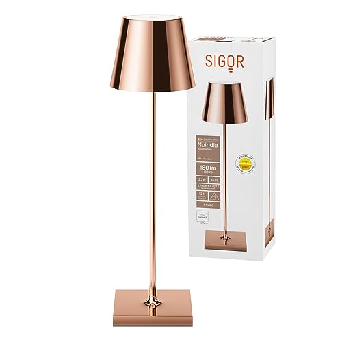 SIGOR Nuindie - Dimmbare LED Akku-Tischlampe Indoor & Outdoor, IP54 spritzwassergeschützt, Höhe 38 cm, aufladbar mit easy-connect, 12 h Leuchtdauer, kupferfarben