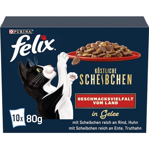 Felix Köstliche Scheibchen Katzenfutter nass in Gelee, Geschmacksvielfalt vom Land, 6er Pack (6 x 10 Beutel à 80g)