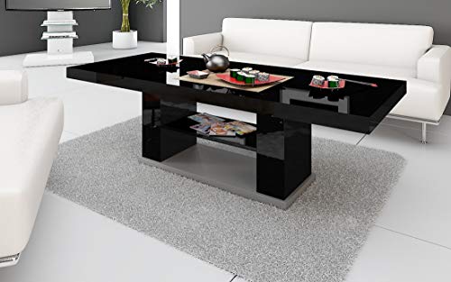 HU Design Couchtisch Tisch HN-777 höhenverstellbar und ausziehbar/Hochglanz oder Matt (Schwarz Hochglanz/Grau)