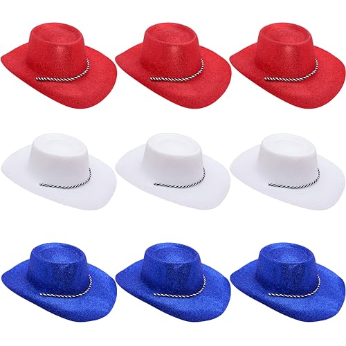 Toyland® Packung mit 9 glitzernden Crotia-Cowboyhüten – 3 Rot, 3 Weiß und 3 Blau – Größe 34 cm (13 Zoll) – Perfekt für EM, Weltmeisterschaft und Festivals