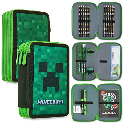 Minecraft Federmäppchen Kinder Federtasche Junge Gefüllt mit Schreibwaren 3 Fächer Pencil Case(Grün Creeper)