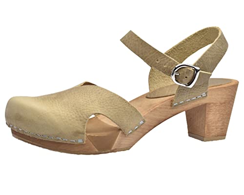 Sanita Matrix Sandale | Original handgemacht | Flexible Leder-Holzsandale für Damen | Verstellbarer Knöchelriemen | 37 EU | Hellbraun