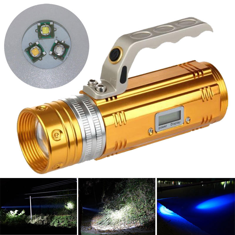 Wiederaufladbare Angel-Taschenlampe mit Zoom, Reichweite von 200-300 Metern und 3 farbigen LEDs, mit LCD-Ladegerät.
