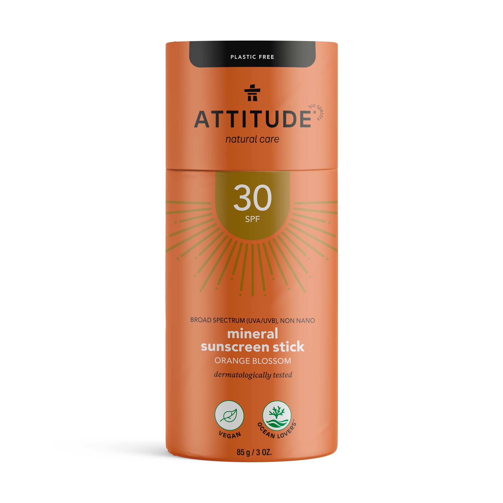 ATTITUDE Sunscreen Stick LSF 30, plastikfrei, wasserlos, hypoallergen, pflanzliche und mineralische Inhaltsstoffe, vegane Sonnenpflegeprodukte, Orangenblüte, 85 Gramm