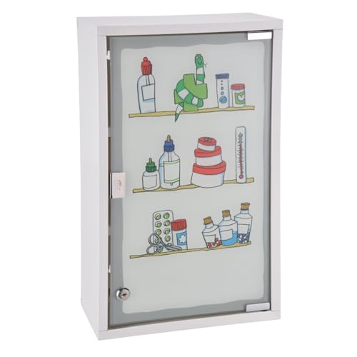 HI Medizinschrank Metall mit Glastür und Schloss (bedruckt) in Weiß - Arzneimittel Schrank zur Medikamenten Aufbewahrung, abschließbares Schränkchen, Hängeschrank mit Glastür