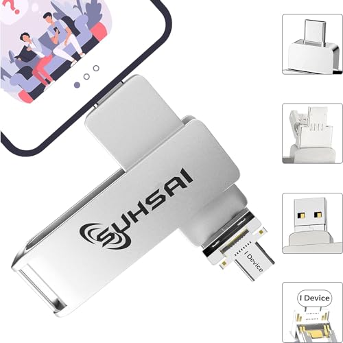 Suhsai USB 3.0 Flash Drive 512 GB, 4 in 1 USB Memory Stick, Externer Speicher Pendrive, High Speed ​​Foto Stick, Pen Drive Kompatibel mit iPhone, iPad, Android, Laptop, Tablet, PC, Computer (Silber)