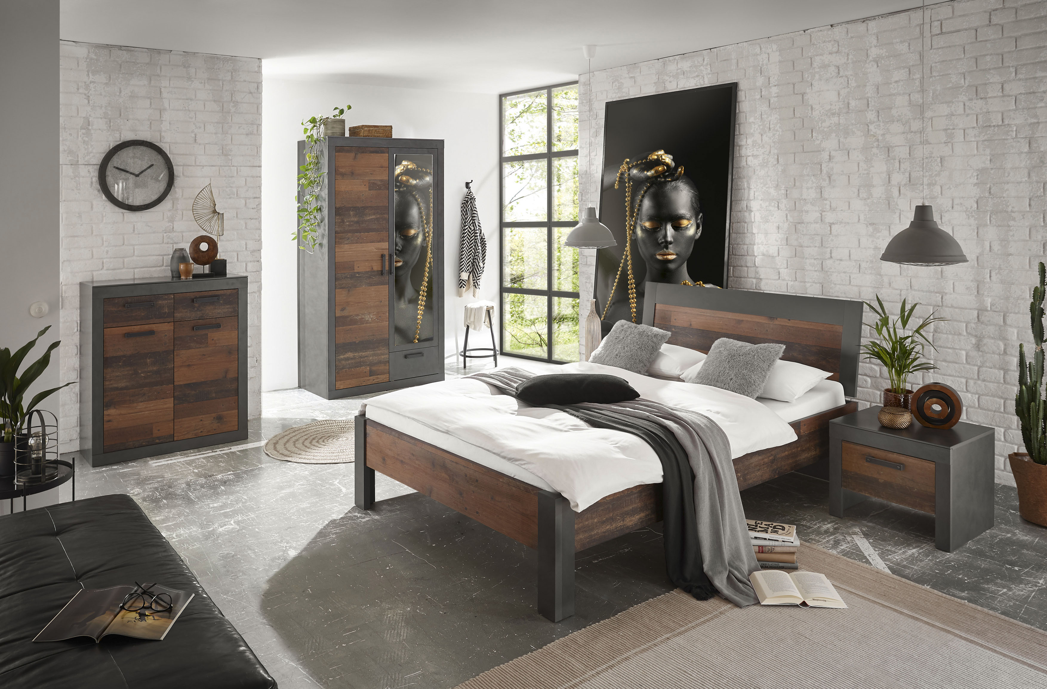 Home affaire Schlafzimmer-Set BROOKLYN, (Set, Einzelbett mit Holzkopfteil, Nachtkommode, Kleiderschrank 2 trg., Kommode), in dekorativer Rahmenoptik