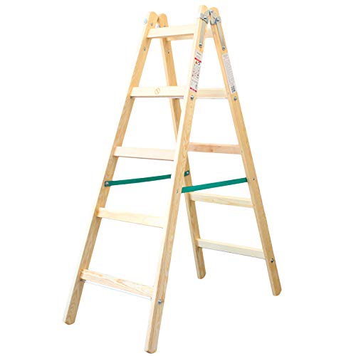 Holzleiter Premium 2x5 Stufen 150kg klappbare Malerleiter Klappleiter Doppelstufenleiter mit Eimerhaken