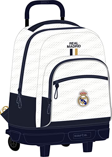 safta Real Madrid Großer Rucksack mit Rollen, kompakt, abnehmbar, ideal für Kinder jeden Alters, bequem und vielseitig, Qualität und Strapazierfähigkeit, 33 x 22 x 45 cm, Weiß, weiß, Estándar, Casual