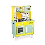 Janod - Big Wooden Play Kitchen - Happy Day - With Fridge and Microwave Oven, Sound and Light - Pretend Play Toy Kitchen - 7 Accessories Included - From 3 Years Old, J06564, L x B x H: 55 x 30 x 87 cm