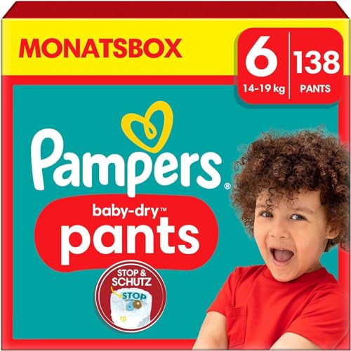 Pampers Baby-Dry Pants Größe 6, 138 Windeln, 14kg - 19kg, Mit Stop und Schutz Täschchen, Das Hilft, Auslaufen Am Rücken Zu Verhindern