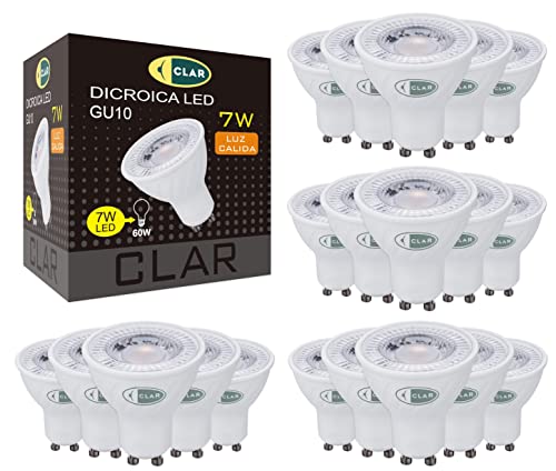CLAR- LED GU10 LED Warmweiß, 7W GU10 LED, Leuchtmittel GU10, GU 10 LED, LED Lampe GU10, LED Leuchtmittel GU10 Warmes Weiß 3000ºk (Pack 20)
