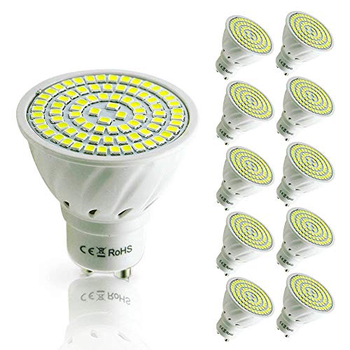 Pocketman 10er GU10 5W LED Lampen, 80 LEDs SMD 3528 Kaltweiß 6000K LED Leuchtmittel,450lm LED Birnen, AC220V-240V, 120 °Abstrahlwinkel [Energieklasse A+]