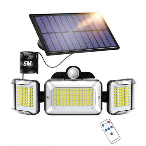 OOTDAY Solar Outdoor Lights, 224 LED Solar Security Light, 3 Heads Motion Sensor Lights with Remote Control, IP65 Waterproof, 3 Modes for Yard Garden Patio Garage,Black