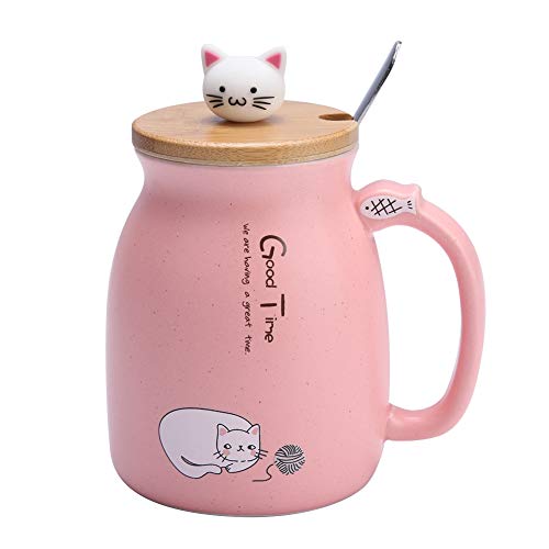 Tasse Keramik, 1Pc Schöne Katze Keramik Tasse mit Löffel und Deckel Kaffee Wasser Milchbecher für Trinkgeschirr Geschenk(Rosa)