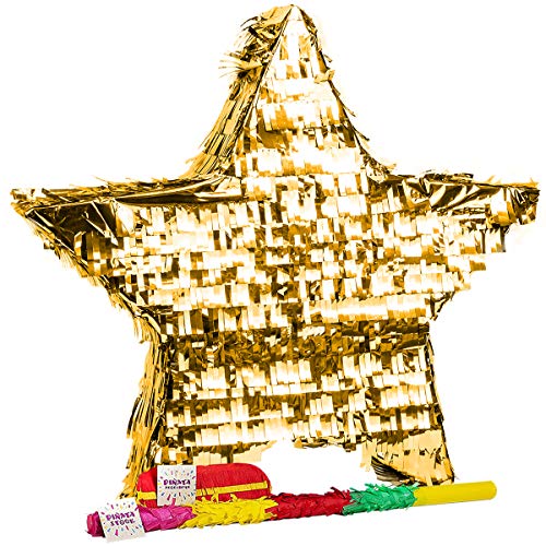 Trendario Pinata Stern Set, Pinjatta + Stab + Augenmaske, Ideal zum Befüllen mit Süßigkeiten und Geschenken - Piñata für Kindergeburtstag Spiel, Geschenkidee, Party, Hochzeit (Gold)
