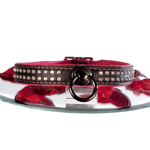 SiaLinda: Halsband echtes Elch Leder mit Strass pink schwarz, gr. O-Ring, 20mm breit schwarz (anthrazit)