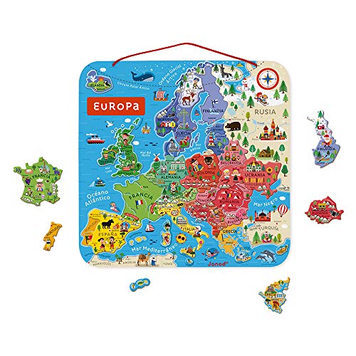 Janod- Puzzle, Eurokarte, magnetisch, aus Holz, 40 Teile, magnetisch, 45 x 45 cm, spanische Version, Lernspiel ab 7 Jahren, J05474