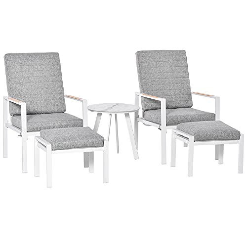 Outsunny 5-teiliges Gartenmöbel Set mit Rückenkissen Sitzkissen Balkonmöbel mit 3-stufig verstellbare Rücklehne Hartglas Aluminium Stoff Schaumstoff Kiefernholz Grau+Weiß 61 x 82 x 90 cm