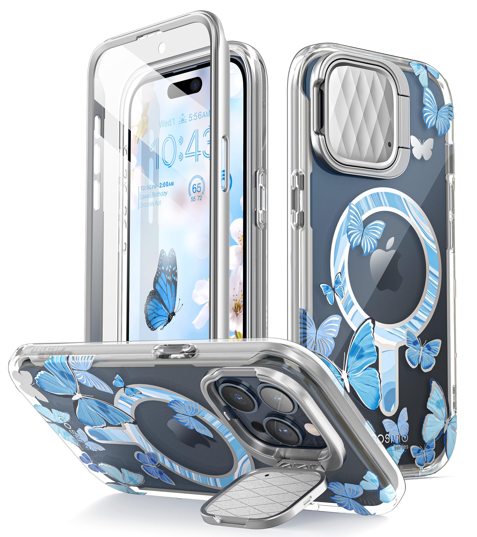 i-Blason Cosmo Mag für iPhone 15 Pro Max Hülle (6.7") mit Kameraschutz Ständer, [Kompatibel mit MagSafe] Glitzer Handyhülle Schlank Case Schutzhülle mit Displayschutz 2023, Bluefly