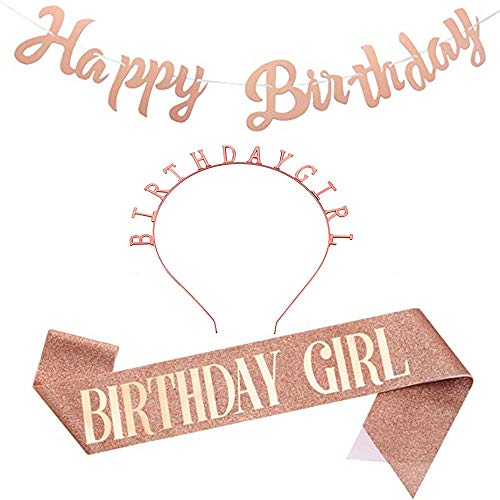 3pcs Birthday Costume Set, Birthday Sash Rhinestone Crown Crystal Tiara Headband Happy Birthday Banner Kit with Birthday girl Sash for Girl Women Birthday Party Decoration