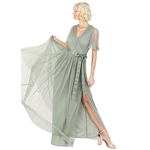 Anaya with Love Damen Ladies Maxi Dress for Women V Neckline Short Sleeve Frilly Long Empire Waist for Wedding Guest Bridesmaid Maid of Honour Kleid, Frosted Green,