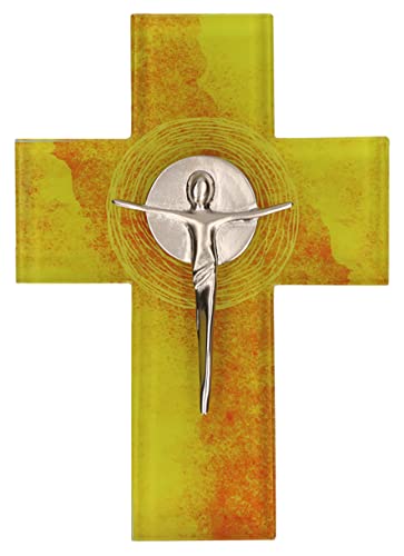 Butzon & Bercker Glas-Kreuz in Orange und Gelb mit Korpus aus Feinmetall in Geschenkverpackung, Maße 15,5 x 20 cm
