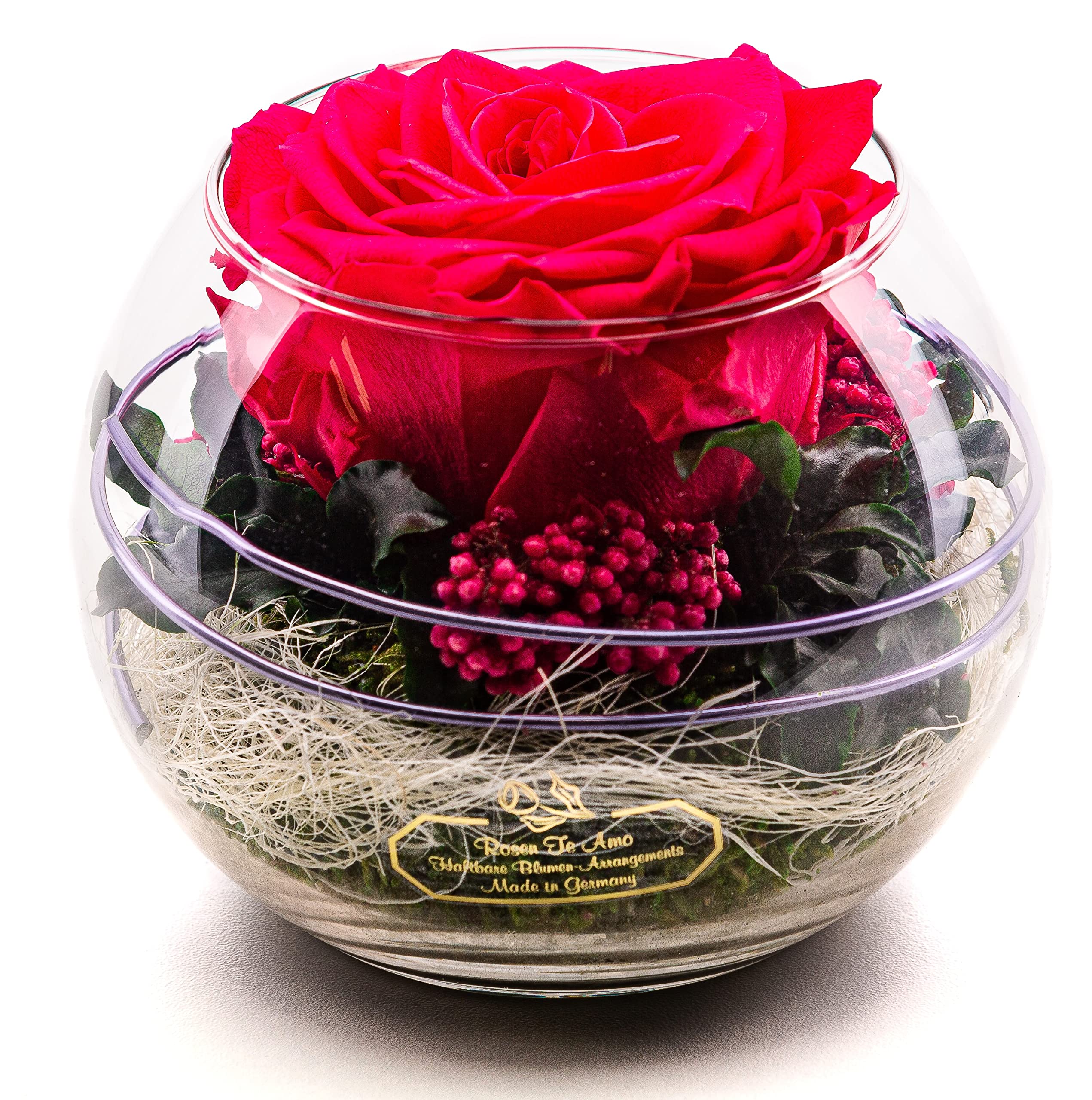 Rosen-Te-Amo | Muttertag Infinity Rosen | Premium konservierte ewige Rose pink Glas-Vase | duftend | handgefertigt Deko-Foliage | feines Design | Geschenk für Frauen Mama Freundin Oma