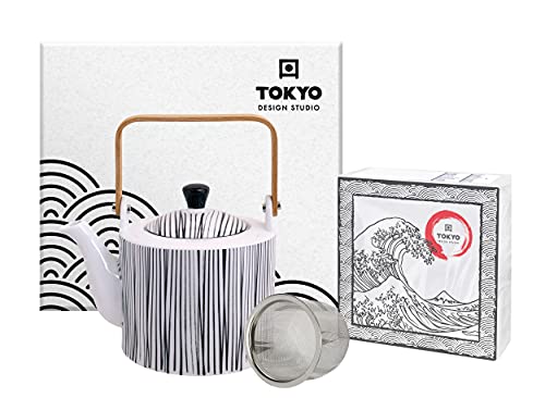 TOKYO design studio Nippon Black Tee-Kanne schwarz-weiß, 1,3 Liter, asiatisches Porzellan, Japanisches Design, inkl. Geschenkverpackung