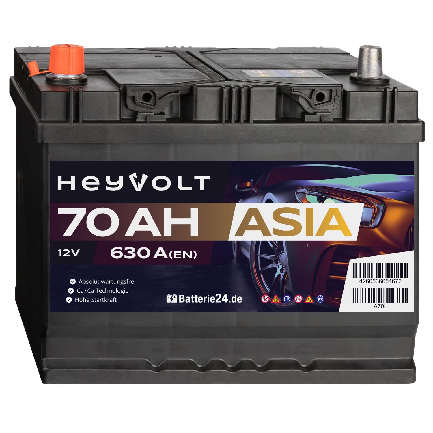 HeyVolt Asia Autobatterie 12V 70Ah 630A/EN Starterbatterie, absolut wartungsfrei, Pluspol Links