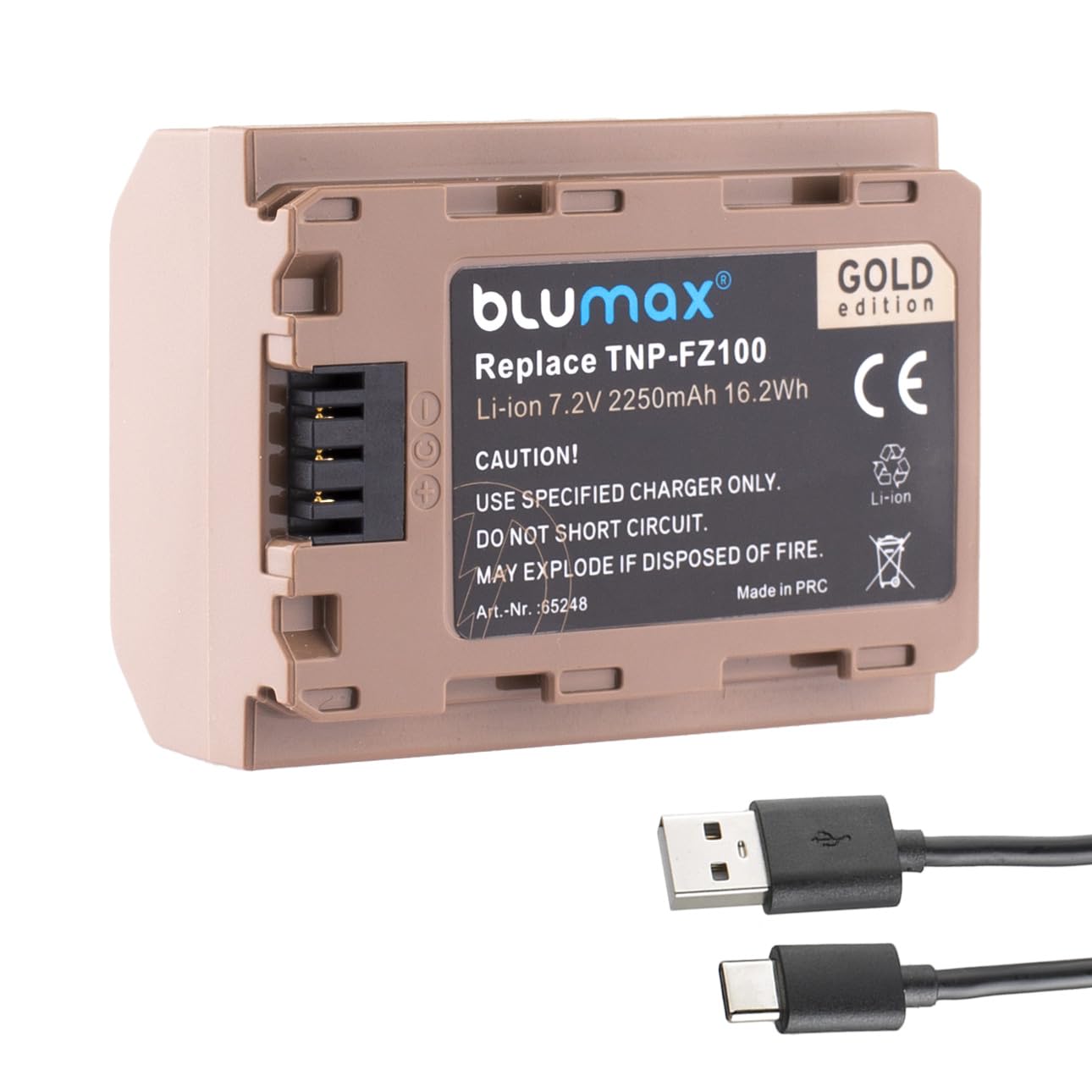 Blumax Gold Akku ersetzt Sony NP-FZ100 (2250mAh) mit USB Typ-C Ladebuchse - NTC-Sensor & V1-Gehäuse - für Sony FX30-7 IV 7c 7RIV 7RV 7RIII ZV-E1
