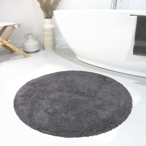 Wecon Home Moderner Flauschiger und waschbarer Badezimmerteppich aus Baumwolle - Ole (90 cm rund, grau)