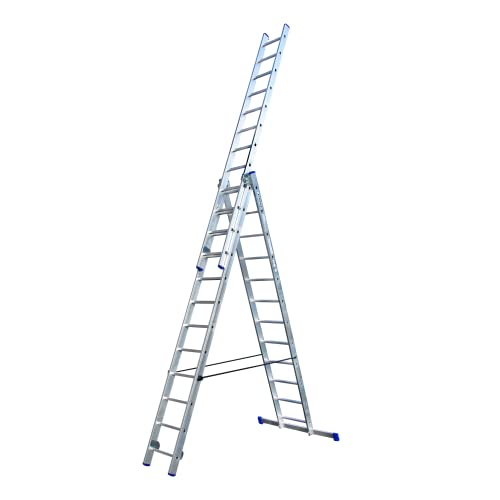 Alumexx Schiebeleiter 3-Teilig - Stehleiter - Kombinationsleiter - Ausziehleiter - Alu Leiter - Multifunktions Leiter - Allzweckleiter - Doppelsprossenleiter (3 x 12 Stufen)