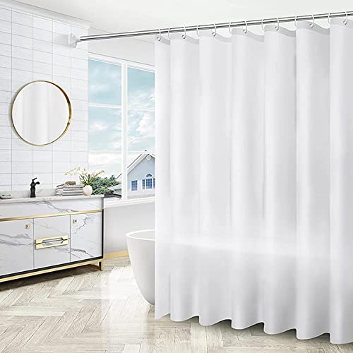 Rumlly Reinweißer Stoff-Duschvorhang, weißer Duschvorhang, wasserdichte Polyester-Badezimmertrennwand, dekorativ, mit Kunststoffhaken, 120 x 150 cm