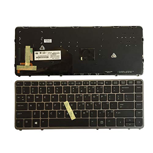 Laptop-Ersatz US-Layout mit Hintergrundbeleuchtung (ohne Zeiger), kompatibel mit HP EliteBook 840 G1 G2 / 850 G1 G2 / 745 G1 G2 / HP ZBook 14 Serie (mit silberfarbenem Rahmen)