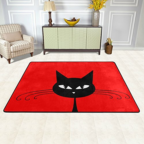 ISAOA Moderner und bequemer Teppich mit Katzen-Motiv und rotem Hintergrund, 91 x 61 cm, langlebiger Teppich, Läufer für Türmatte, Küche, Esszimmer, Wohnzimmer, Flur, Badezimmer, Haustiereingang