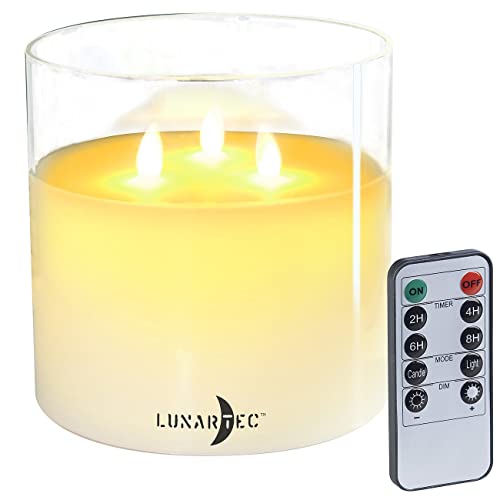 Lunartec LED-3-Docht-Kerzen: LED-Echtwachs-Kerze im Windglas, 3 bewegliche Flammen, Fernbedienung (3-Dochtkerzen)