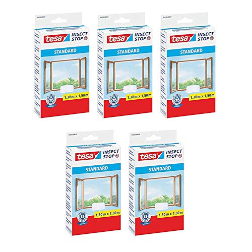 tesa Insect Stop STANDARD Fliegengitter für Fenster (1,3m:1,5m (5er Pack), Weiß (Leichter Sichtschutz)) + 1 Loopschal tesa