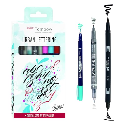 Tombow Urban Lettering Set, Kalligrafie und Handlettering Set mit Fudenosuke Brush Pens ABT Dual Brush Pen inkl. Wassertankpinsel und Anleitung von Iván Caiña [LS-WSBHS]