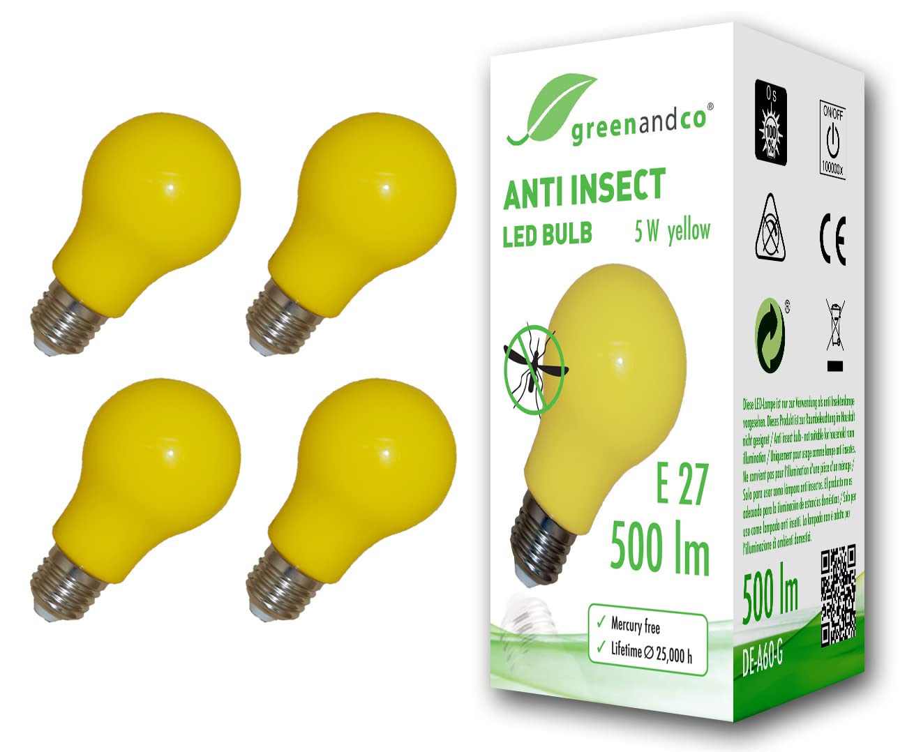 greenandco 4x Anti-Insekten LED Glühbirne E27, 560-580nm Wellenlänge, gelb, Nicht dimmbar, 2 Jahre Garantie
