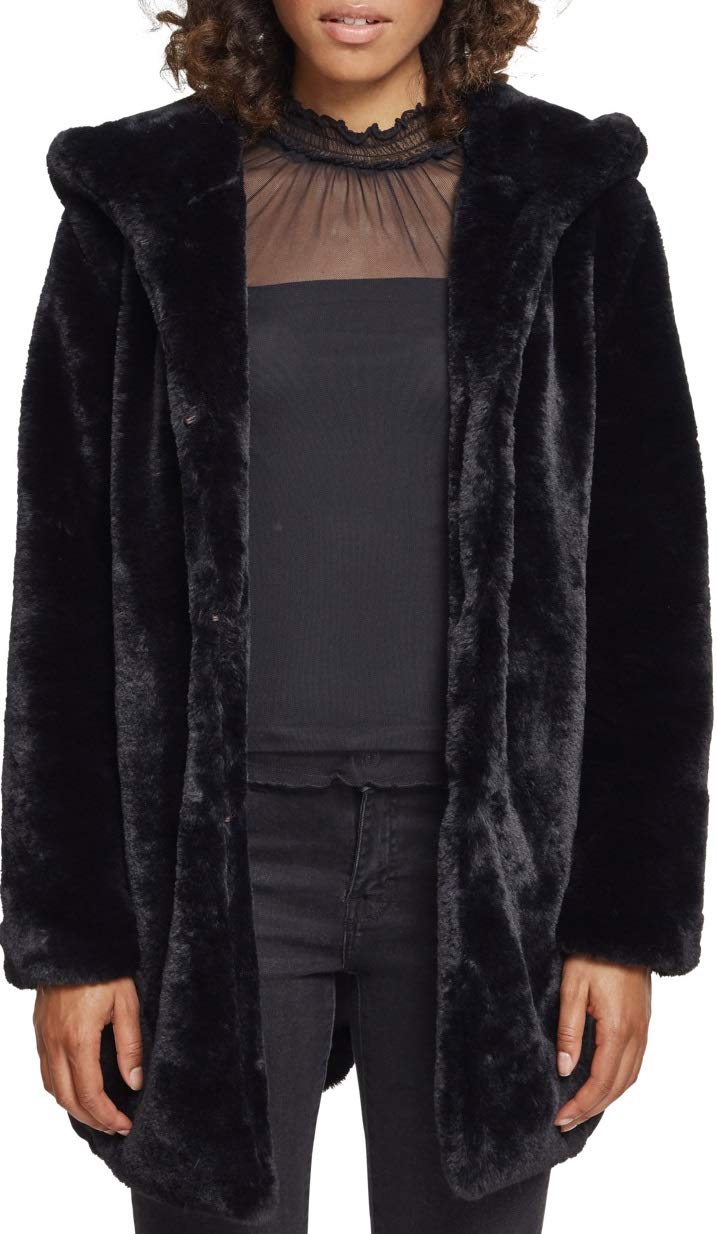 Urban Classics Ladies Hooded Teddy Coat aus Fake Kaninchenfell, Damen Mantel mit Kapuze und Seitentaschen, black, 3XL