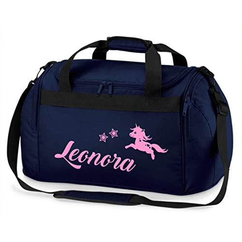 Sporttasche Mädchen mit Namen |springendes Einhorn und Sterne | Personalisierbare und Bedruckte Reisetasche Duffle Weekender Bag (dunkelblau)