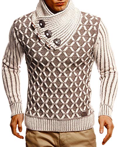 Leif Nelson Herren Pullover Pulli Strickpullover mit Schalkragen Winterpullover Slim Fit Tan Choclate Small