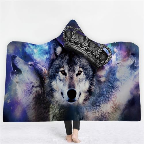 Sternenhimmel Wolf Decke mit Kapuze Wolf 3D Drucken Flanell Weich Fleecedecke Kuscheldecke Wolf Weiche und Warme TV-Decke Sofa-Decke (A08,130 x 150 cm)