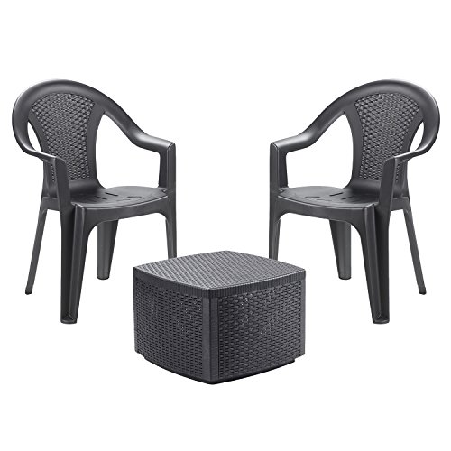 Mojawo Praktisch und Schön! Stuhl Set 3-teilig in Rattan-Optik Tisch + 2 Stühle Kunststoff Anthrazit