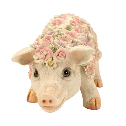OF Gartenfiguren süsses Schwein mit Blumen verziert - Gartenfigur Ferkel Deko für außen Tiere groß (Blumenschwein grasend)