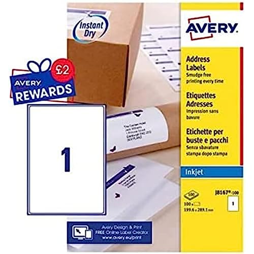 Avery Adressetiketten für Tintenstrahldrucker schnell trocknend 1 Stück pro Blatt 199,6 x 289,1 mm 100 Etiketten weiß