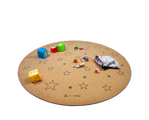 Secoroco Spielmatte rund für Baby und Kleinkind, aus Kork und Kautschuk, Sterne 110cm, rutschfest und antiallergen, Babymatte und Krabbelmatte aus natürlichen Materialien, inklusive Tragetasche